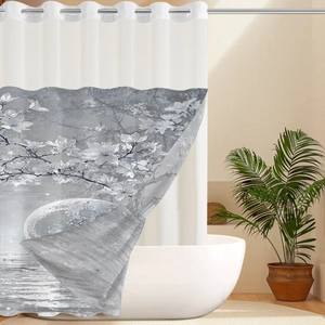 Detail of waterproof shower curtain featuring metal grommets and cherry blossom landscape