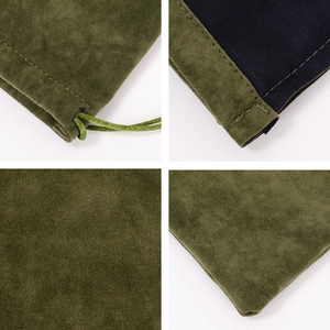 Detail view of green velvet drawstring pouch showing soft texture and secure closure