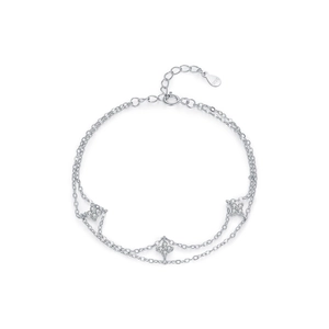 Double-layered S925 sterling silver bracelet with four-pointed star diamond charms