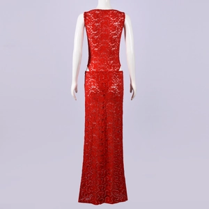 Back view of a red lace maxi dress featuring an open-back design on a display mannequin