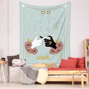 Detail of Gemini tapestry featuring hands and floral elements in a bedroom setting