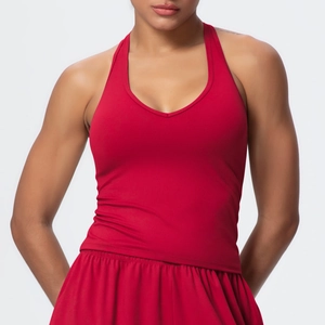 Detailed view of red brushed sports vest with V-shape straps and slim fit design