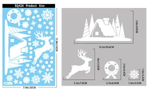 Tableau des tailles pour autocollants de Noël montrant les dimensions du renne et du chalet