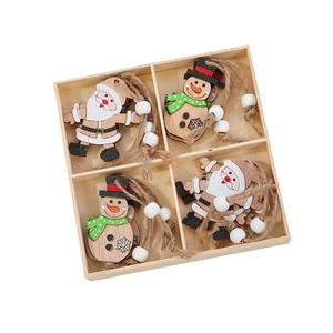 Creative 4-piece wooden Christmas tree ornaments set with Santa and Snowman in a wooden box