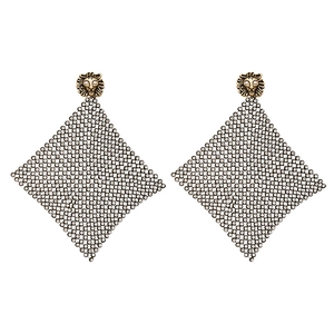 Vintage lion head gold earrings with shimmering rhinestone mesh diamond shape drop