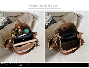 Internal view of brown leather bucket bag showing compartments for smartphone and makeup