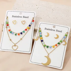 Bohemian Layered Necklace And Stud Earrings Stainless Steel Colorful Beads Evil Eye Heart Moon Gold Plated Jewelry