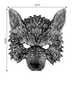 Realistic 3D wolf mask showing dimensions 25cm width by 24cm height on white background