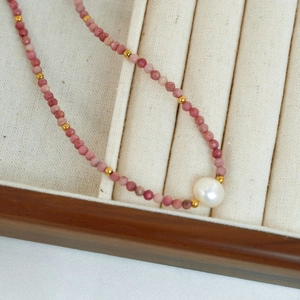 Pink rhodochrosite necklace with large white natural pearl pendant and gold accents
