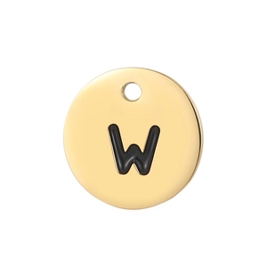 Macro view of gold stainless steel letter W pendant with black enamel inlay and hole