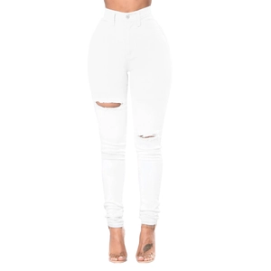 Elegant white high waist ripped skinny jeans for women on a minimal white background