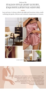 Detailed view of pink silk satin sleepwear set with ruffled shorts and camisole