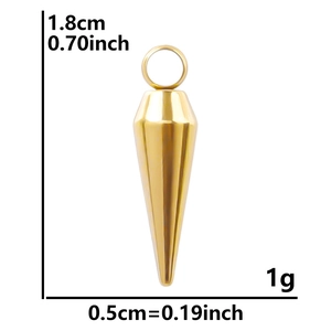 Polished 18k gold plated conical teardrop pendant with dimensions 1.8cm x 0.5cm and 1g weight