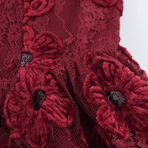 Elegant burgundy jacquard party dress featuring 3D floral embroidery and sparkling sequins