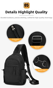 Black nylon crossbody chest bag detail showing sturdy metal zippers and adjustable buckles.