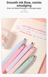 Detail of macaron pastel highlighters with chisel tips arranged on a notebook