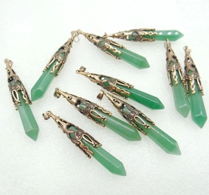 Group of hexagonal green crystal column pendants with retro bronze hollow caps