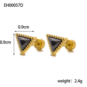 Detail view of 0.9cm black triangle stud earrings with beaded gold metal edge