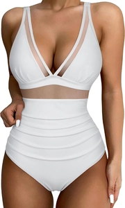 Detail of white one-piece swimsuit featuring sheer mesh panels and flattering ruched waist