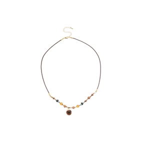 Bohemian tiger eye stone heart flower necklace with brown cord and colorful beads