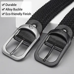 Ceinture tressée noire élastique avec boucles en alliage argent brossé et noir mat élégantes