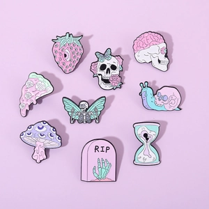 Pastel goth enamel pins set with skulls, multi-eye mushrooms and butterflies for accessories