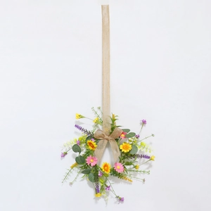 Pastel artificial flower wreath with daisy and lavender florals with a burlap bow hanger