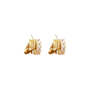 Elegant gold-plated C-shaped earrings with layered zircon pavé and pyramid stud details
