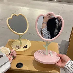 Tulip Flower Desktop Makeup Mirror With Jewelry Storage Tray Base Plastic Aesthetic Cute Dormitory Vanity Decor