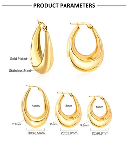 Detailed size chart showing dimensions for large, medium, and small gold oval hoop earrings