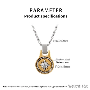 Polished stainless steel compass pendant necklace with specific product dimensions shown