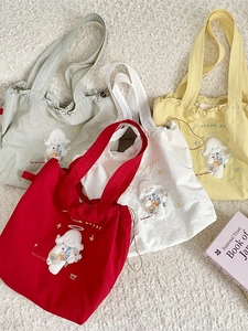 Large Capacity Canvas Tote Bag Women Cartoon Embroidery Drawstring Shoulder Handbag Kawaii Ins Style