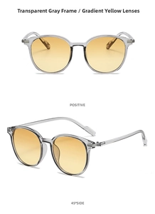 Front and 45-degree side view of translucent grey round sunglasses with yellow gradient lenses