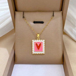 Stainless Steel Gold Tone Necklace With Enamel Copper Square Stamp Red Heart Pendant Sweet Romantic Jewelry For Women