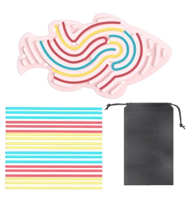 Pink fish-shaped sensory activity board with colorful silicone sticks and drawstring bag