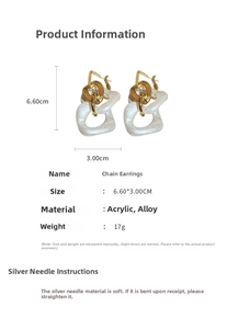 Detailed spec sheet for acrylic chain earrings measuring 6.6x3.0cm with silver needles