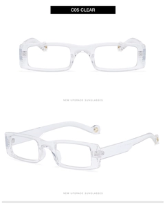 Detail view of transparent square frames with C05 model marking and clear temples