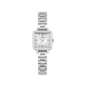 Montre à quartz carrée argentée pour femme avec bracelet métallique et chiffres romains