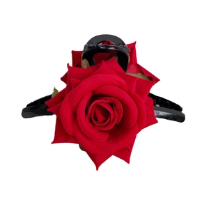 Elegant red fabric rose flower hair claw clip with black plastic grip for women