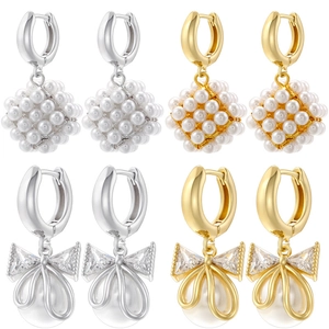 Elegant Brass Drop Earrings With Simulated Artificial Pearl Cube And Cubic Zirconia Bowknot For Women Fashion