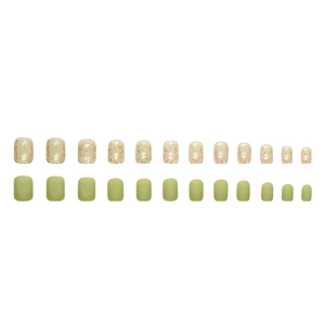 Short square press-on nails set in glitter green and matte sage green finish, 24 pieces
