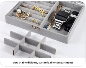 Detail of grey velvet jewelry organizer with removable dividers for rings and necklaces