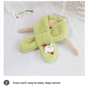 Detail of cross-style plush green scarf with 3D Santa doll on soft coral fleece