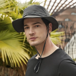 Detail of grey outdoor sun hat with adjustable chin strap for hiking and fishing