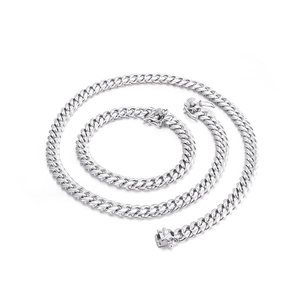 Polished silver stainless steel 8mm Cuban chain set including necklace and bracelet