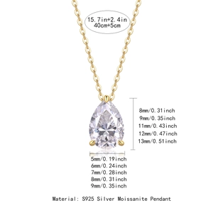 S925 silver heart shaped moissanite pendant necklace with golden chain and dimension details