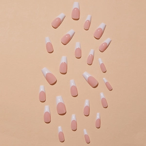 Classic white French tip long coffin press-on nails with nude pink base in full set