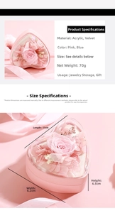 Vue détaillée avec dimensions d'un coffret à bijoux en forme de cœur avec rose éternelle