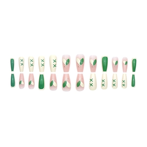Elegant green and white press-on nails with heart patterns and glitter accents set