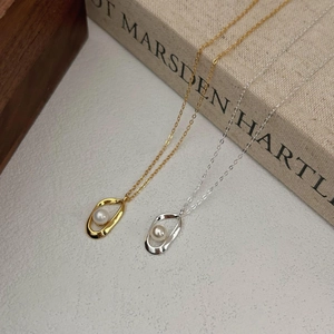 925 Sterling Silver Artificial Pearl Necklace Irregular Geometric Hollow Oval Pendant Minimalist Elegant Jewelry For Women